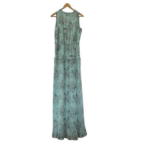 Massimo Dutti Mint Green Floral Ruffle Tiered Neck Sleeveless Maxi Dress - Picture 3 of 11